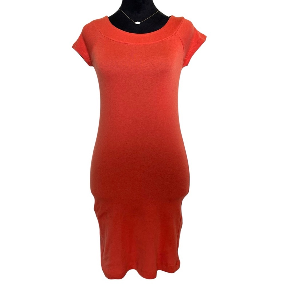 Poof! Stretch Elegant Orange Women's Large Midi Dress - Picture 2 of 5